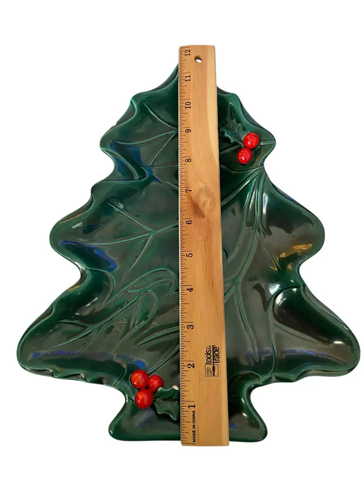 Vintage Lefton Christmas Tree Shaped Tray Holly Berry