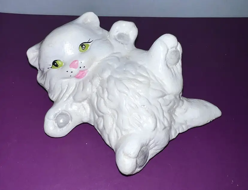 Vintage White Longhair Playful Kitten Green Eyes Felt Bottom Very Cute Face