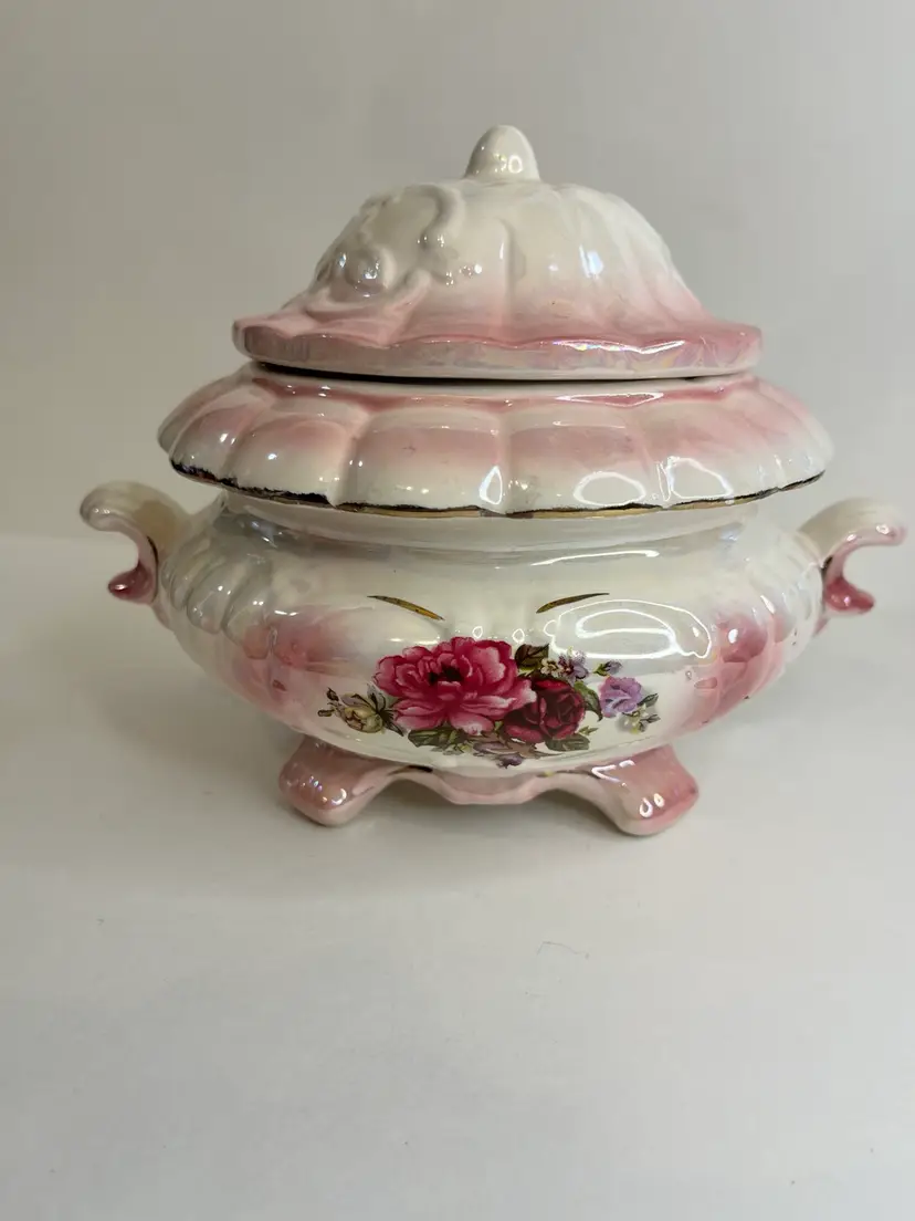 Vintage Lusterware Footed Small Pink, Flowers Tureen/ Serving Bowl, Dish