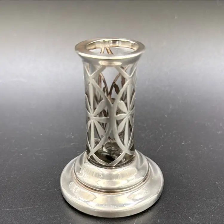 Vintage art deco small silver overlay on glass vase rare piece could not find