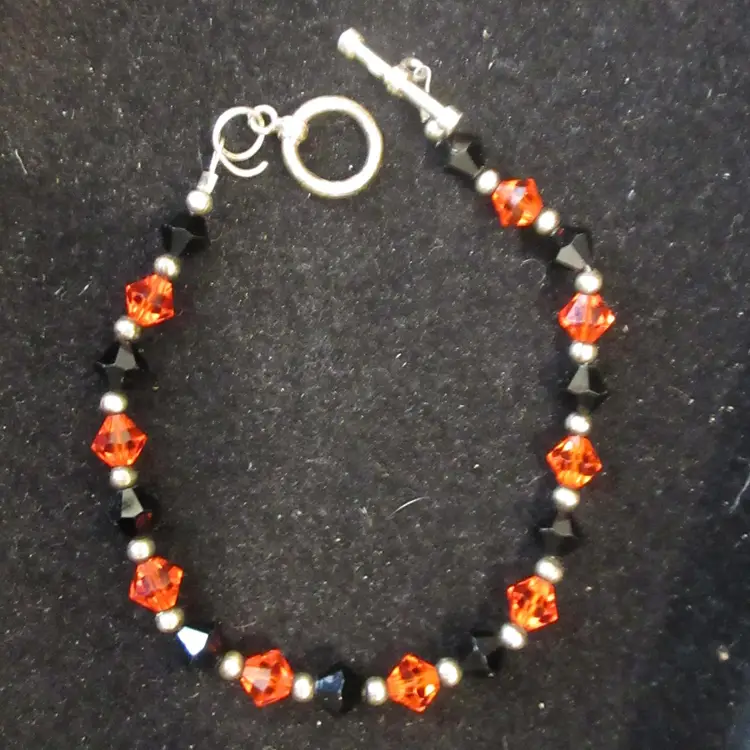 Vintage .925 Sterling Silver Signed Faceted Black & Orange Glass Crystal Bracelet - 7.75 Inches Long