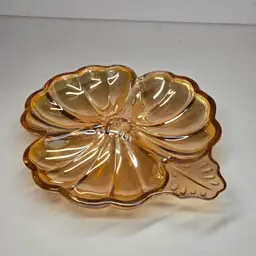 Vintage Jeanette Carnival Glass Marigold 3 Leaf Clover Candy/Nut Dish