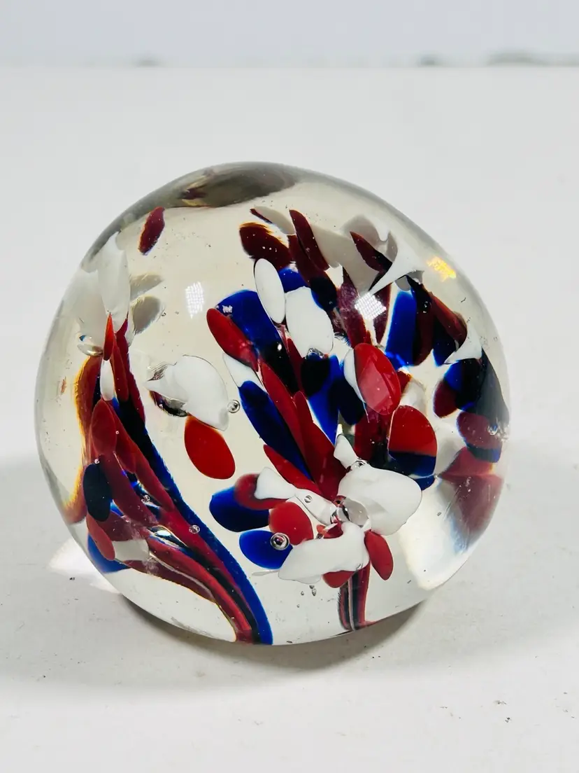 Art Glass Paperweight Red White And Blue Colorful