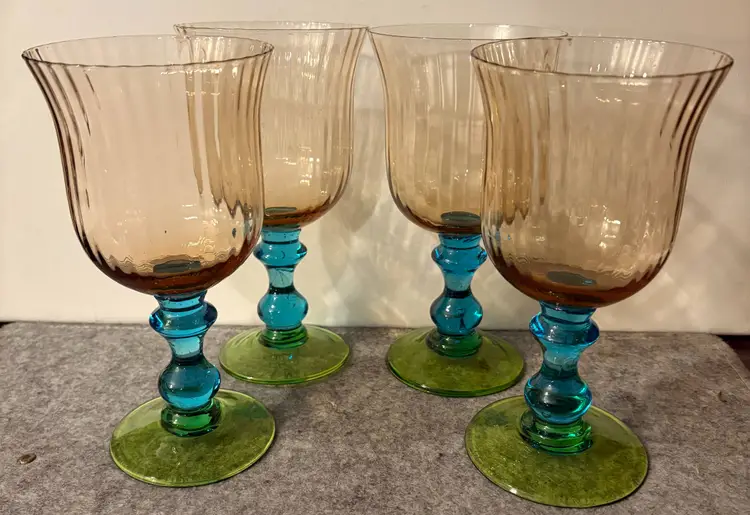 Set of 4 Anthropologie Tri-Colored Goblets Handblown Glass  # 3054