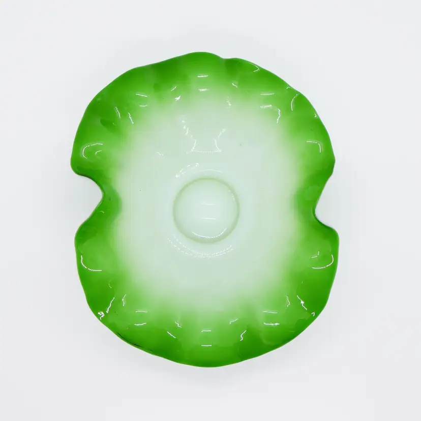 Vintage Victorian Glass Bowl Trinket Dish Green White Ruffle Edge Handmade Vanity