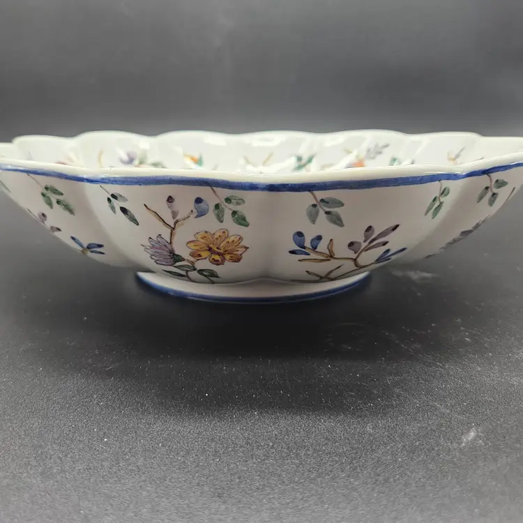 Vtg Hand Painted Majolica Fruit Bowl Floral C/7 P-72 Portugal 11 in