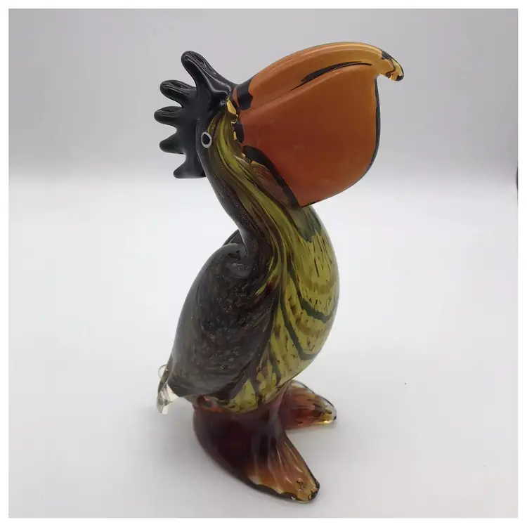 Art Glass Pelican Bird Animal Colored Flecks Green Yellow Amber Color Heavy READ