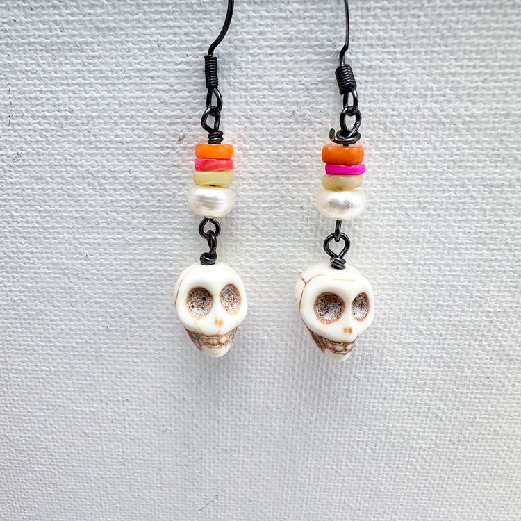 Skull Handmade Earrings Orange Pink Yellow Pearl Bead Accents 2"L