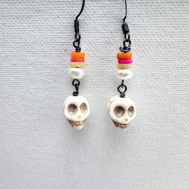 Skull Handmade Earrings Orange Pink Yellow Pearl Bead Accents 2