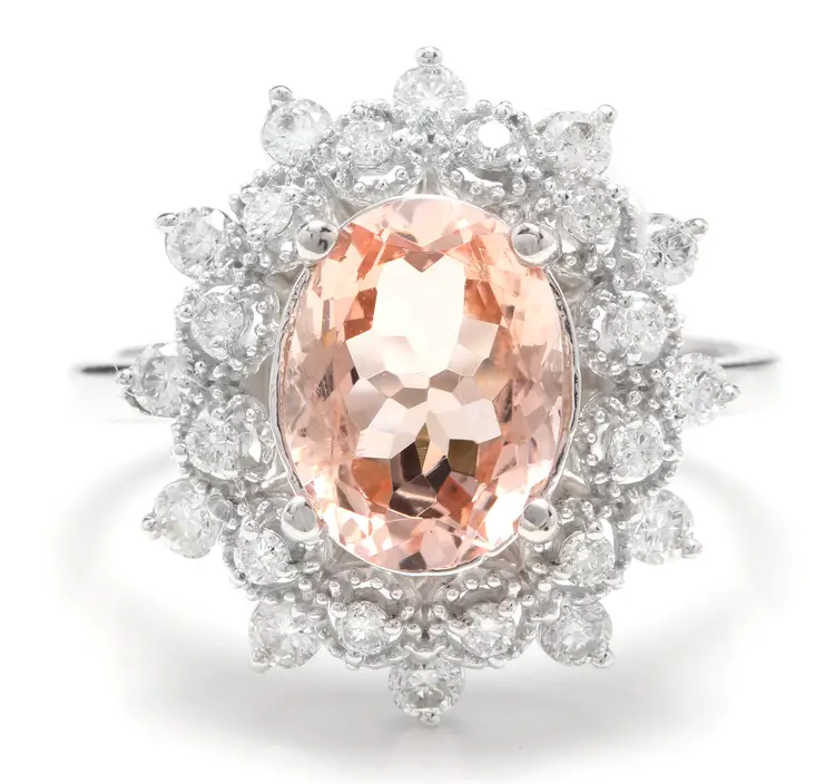 2.65 Carats Natural Morganite and Diamond 14K Solid White Gold Ring