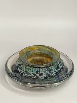 Gartner Blade Handblown Glass Ikebana Bowl w/ Flower Frog, Artist Signed, 5.5"