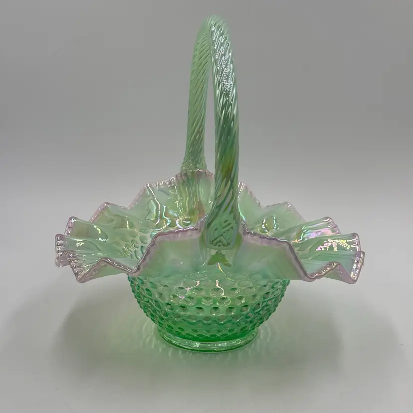 Fenton Hobnail Sea Foam Green Iridescent Opalescent Glass Basket Ruffle Pink Rim