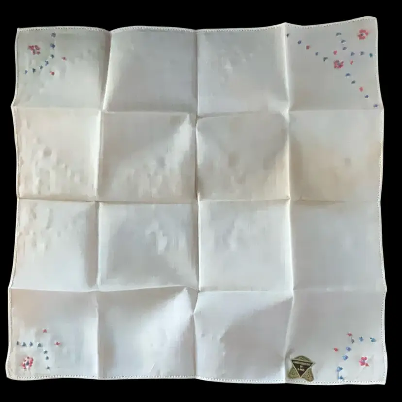 Vintage Floral Embroidered Handkerchief Square NOS 11” Handkerchief/ Doll Blanket Red Blue Floral
