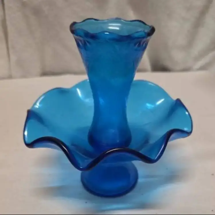 Vintage Blue Glass Epergne Ruffled Single Horn Italy Empoli Mid-Century Vase