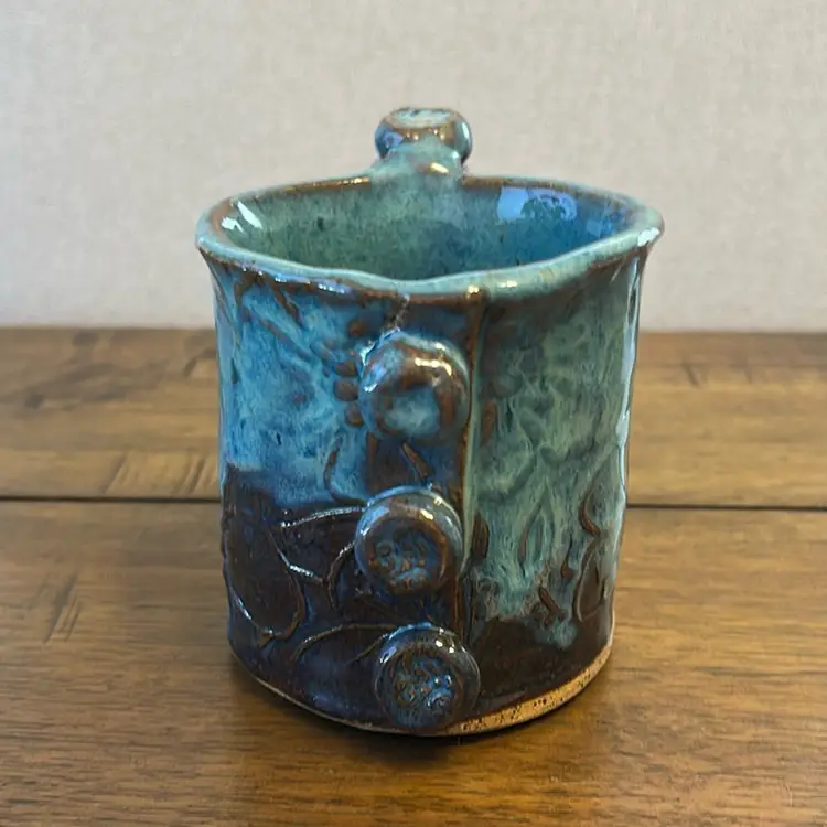 Blue And Brown Studio Pottery Mug With Flowers And Buttons