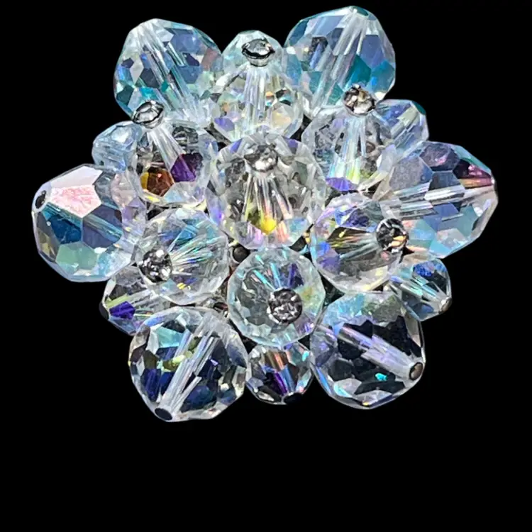 Vintage Mid-Century Aurora Borealis (AB) Glass Crystal Cluster Domed Brooch
