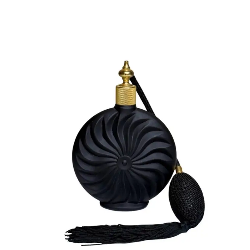 Vtg  Black Satin Glass Perfume Bottle W/Atomizer Art Deco Diamond Cut Metal Cap.
6” T x 4” W