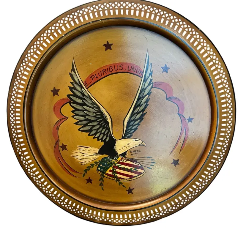 VTG Large Tole Style Painted Tray “ E Pluribus Unum” Patriotic Eagle 20.25” Dia