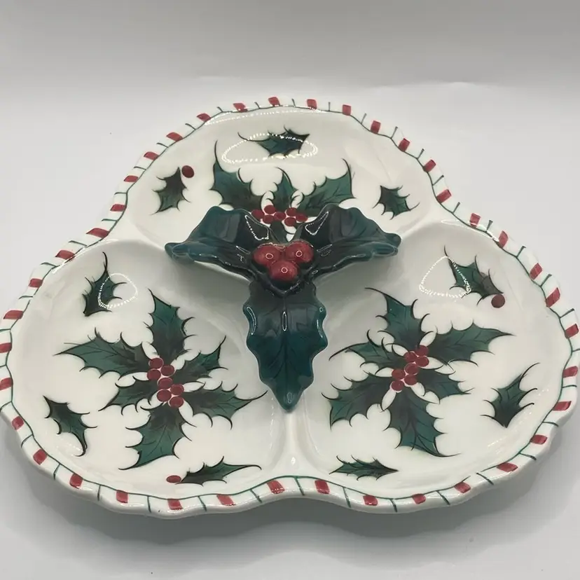 Hand Decorated Holly Berry And Candy Cane Relish/Nut Dish