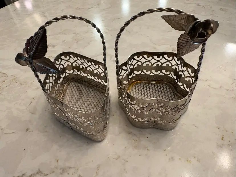 2 Vtg Silver Baskets Filigree Rose Bridal Party Favor Cup EASTER
