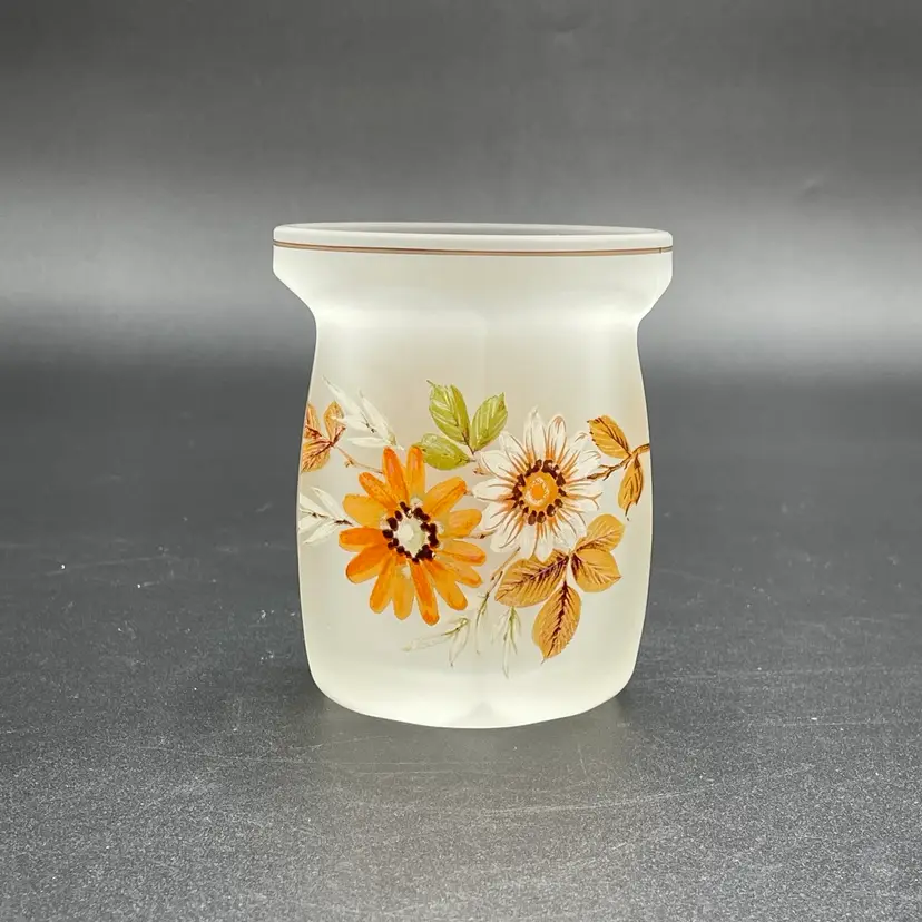Frosted Glass Candle Holder Hand Painted Flowers Jar Vintage Retro Fall Autumn