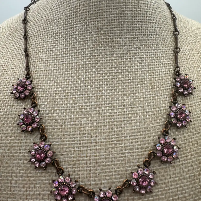 Vintage Avon Bronze Tone Pink Rhinestone Floral Necklace