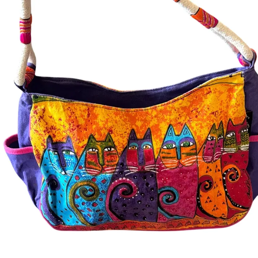 Vintage Laurel Burch Cat Art to Wear Canvas Cloth Shoulder Bag 14x19