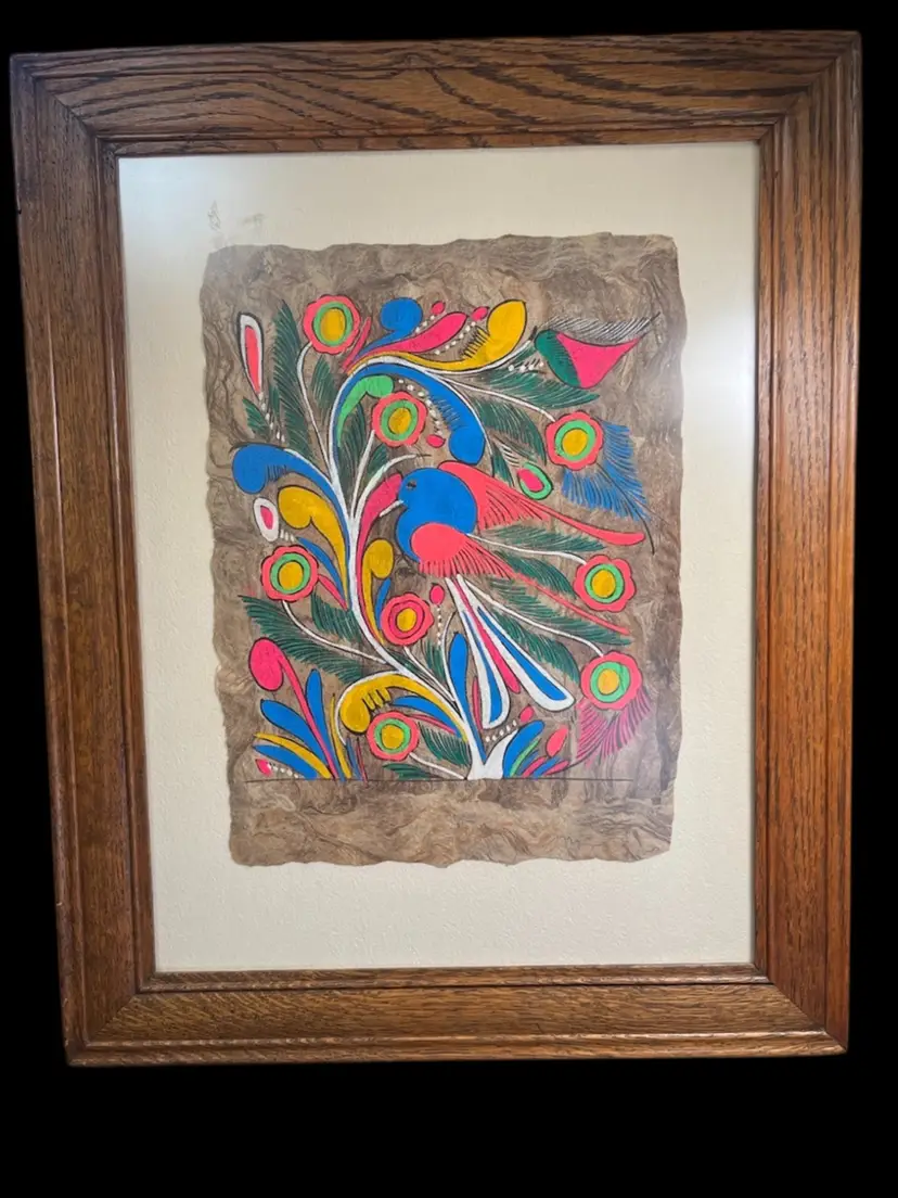 15.5" x 20" Professionally Framed & Matted Mexican Folk Art Armate Bark Painting. GLOWS!! Absolutely Gorgeous! Masking Tape On Back Is Loose.