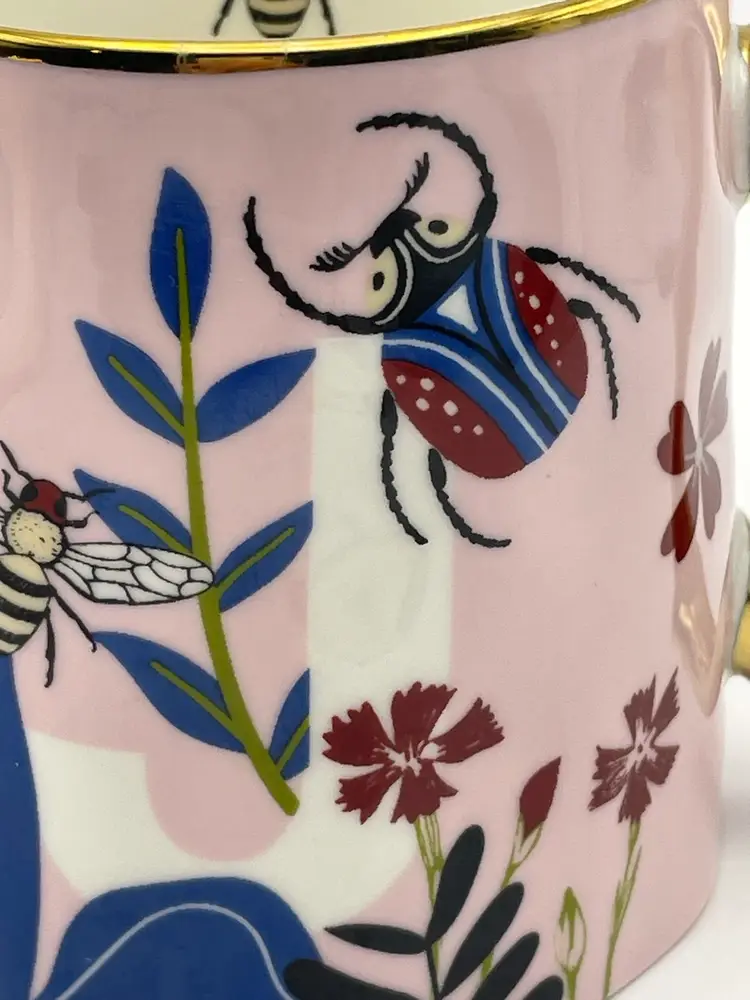 SH Home, Pink, Ceramic, Letter “J” Mug, Beetle/Floral, Gold Handle, 16oz