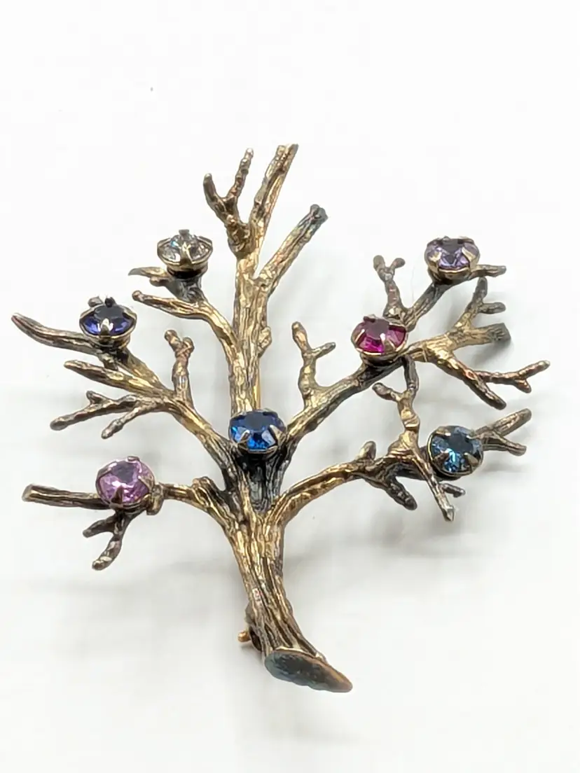 Vintage Sterling Vermeil Tree of Life Brooch Colorful Rhinestones