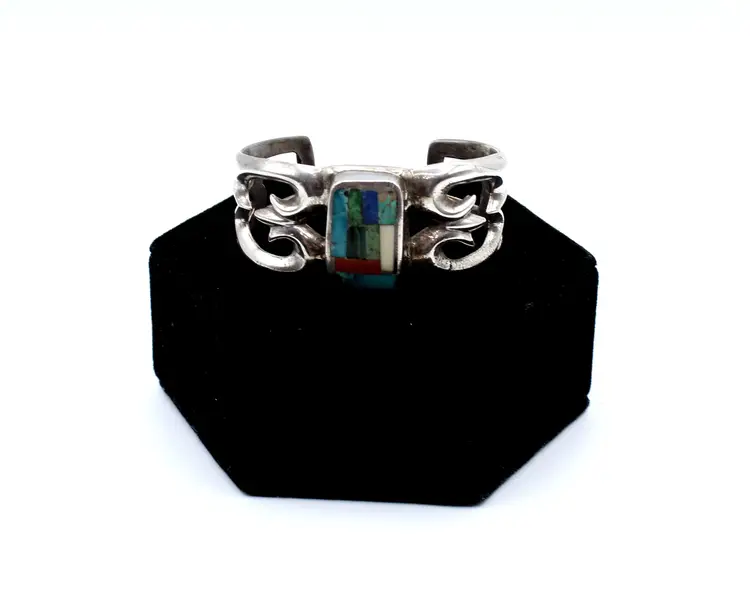 Sterling Silver Turquoise Coral inlay sandcast cuff bracelet 56g