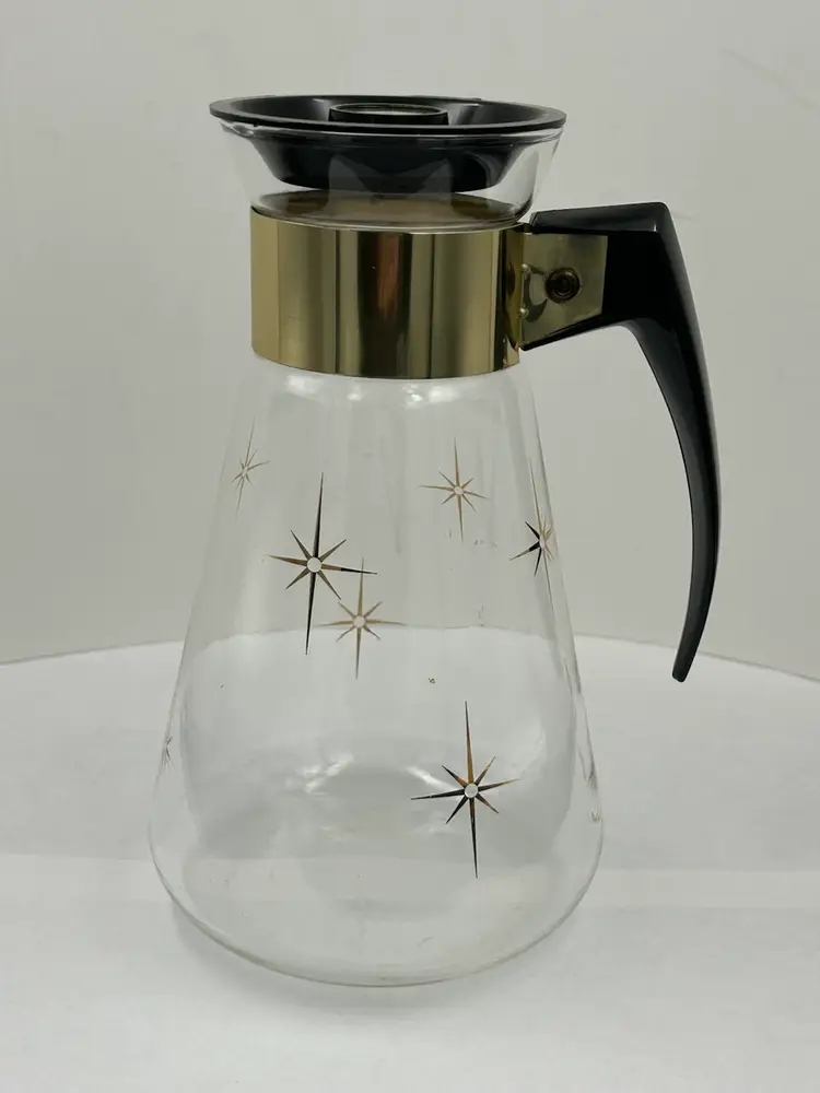 Vintage MCM Corning, Ware, Atomic Starburst, Glass, Coffee Carafe, Gold Stars 6 Cups