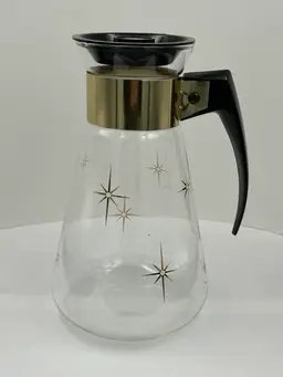 Vintage MCM Corning, Ware, Atomic Starburst, Glass, Coffee Carafe, Gold Stars 6 Cups