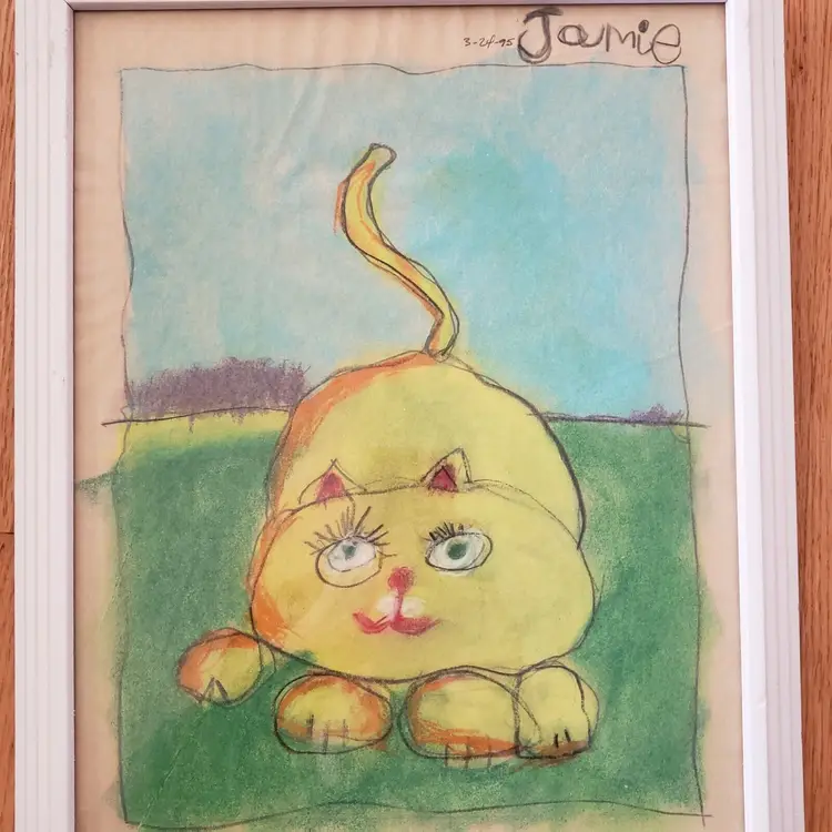 Cat Art On Paper Original Framed Signed Dated Young Artist Interpretation Vintage