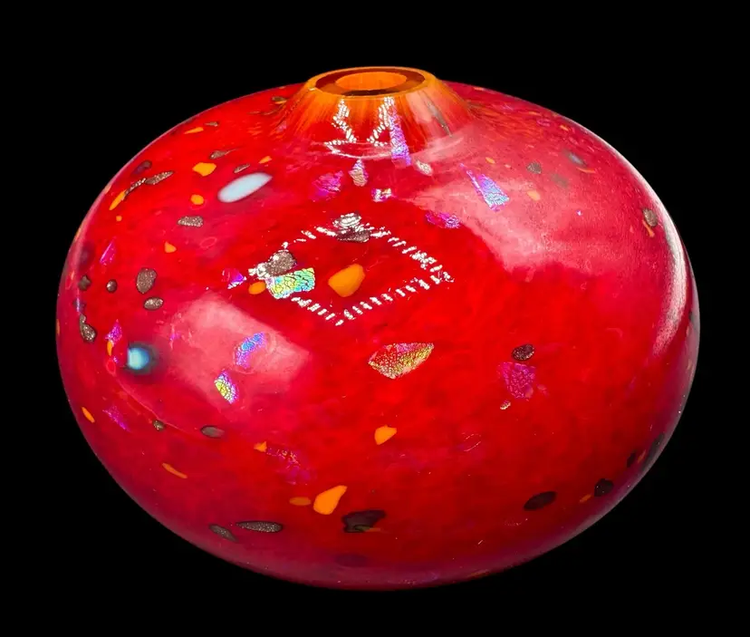 Signed James Jim Downey Prairie Fire Art Glass Oil Lamp Bud Vase Red Dichroic 3”