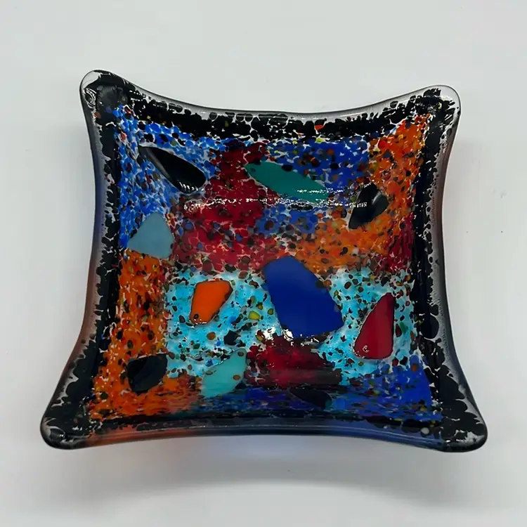 Multi Colored Fused Glass Square Trinket Dish 5.25”