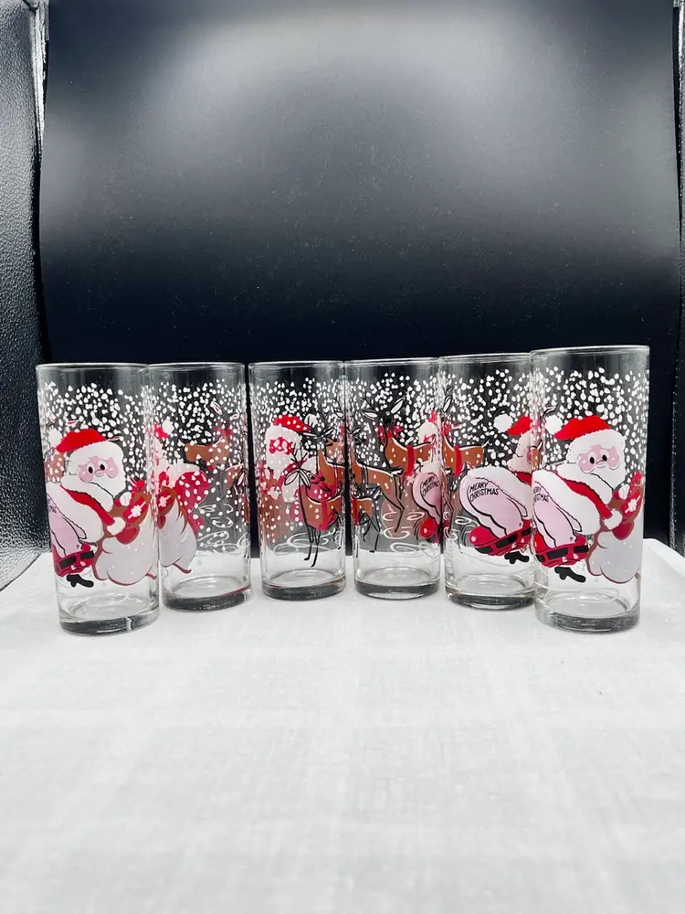 #1067B Vintage MCM Naughty Santa and Reindeer Collins Glasses