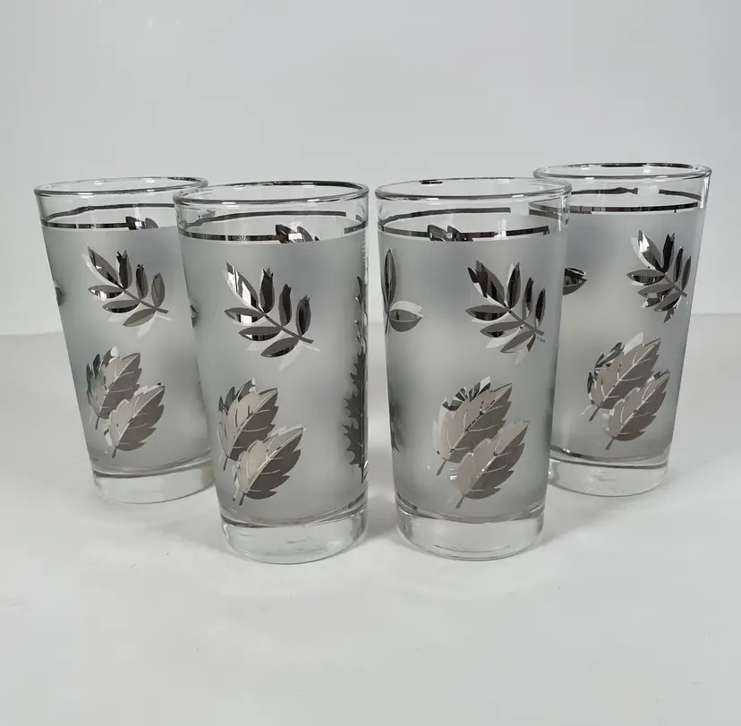 Vintage Barware Libbey Silver Frosted Leaves Foliage Highball Cocktail Glasses 4