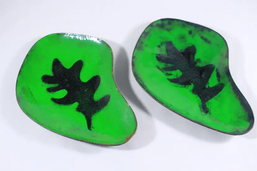 Set of 2 Leaf Shaped Dark Green Copper Enameled Plate / Dish