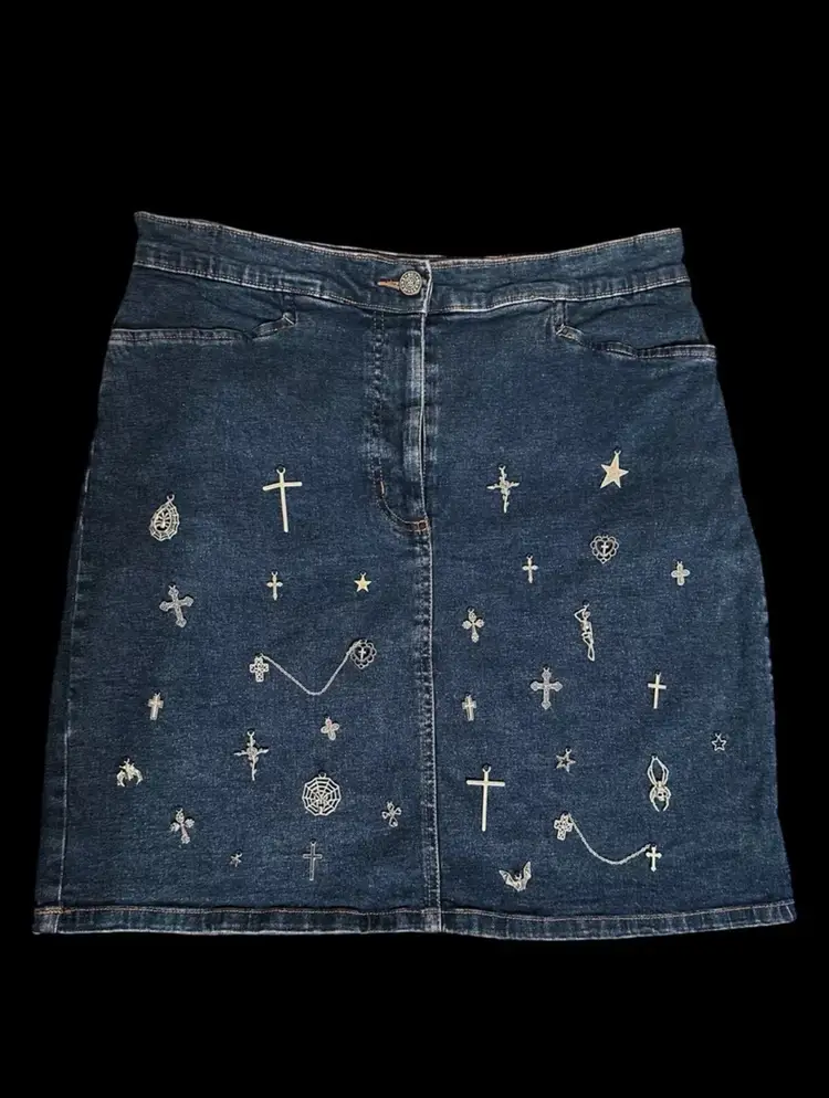 Reworked Upcycled Medium Denim Hand Embroidered Silver Cross Goth Punk Grunge 90s Y2K Charms Petite Skirt US Size 10/M