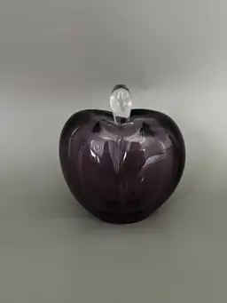 Vintage Heart Shaped MCM Art Glass Purple Perfume Bottle and Tear Shaped 
Stopper