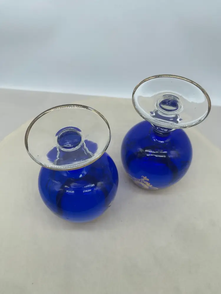 #0217 Bohemian Cobalt And Gold Glassware Pair