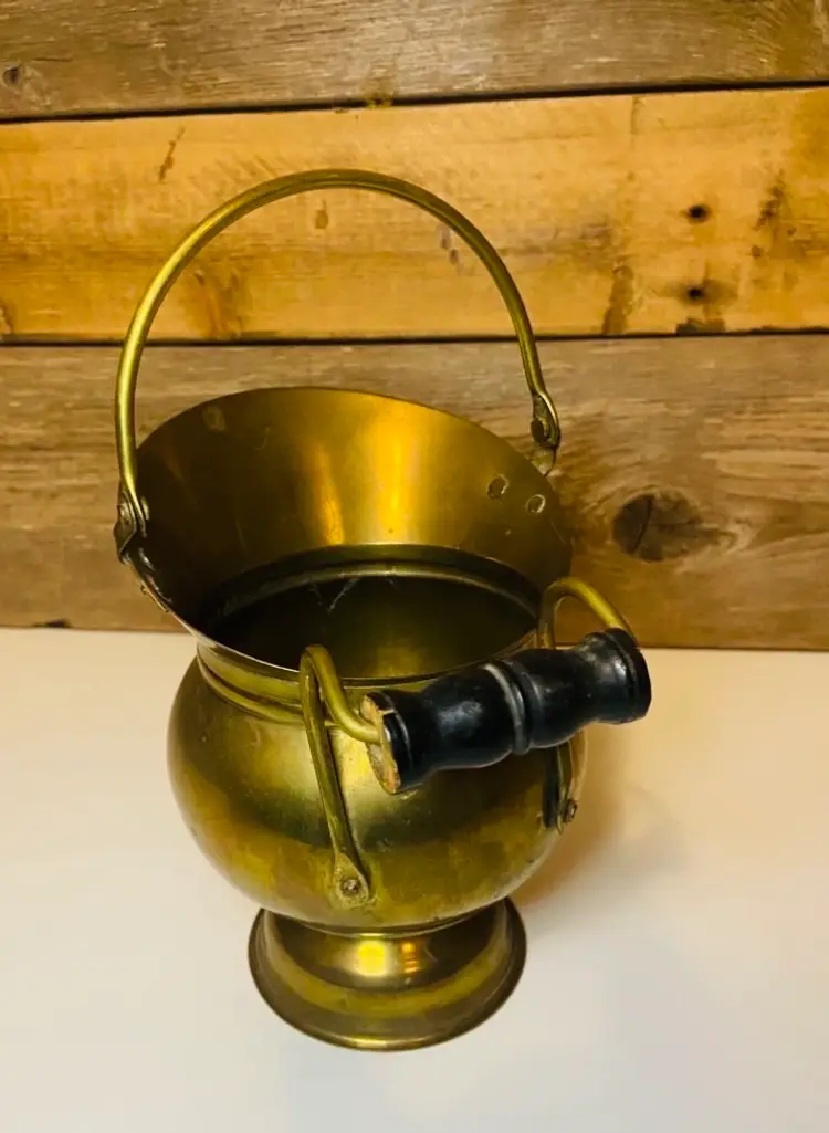 Vintage Small Brass Coal Scuttle Ash Bucket with Wood Handle Rustic Country Cottage Farmhouse