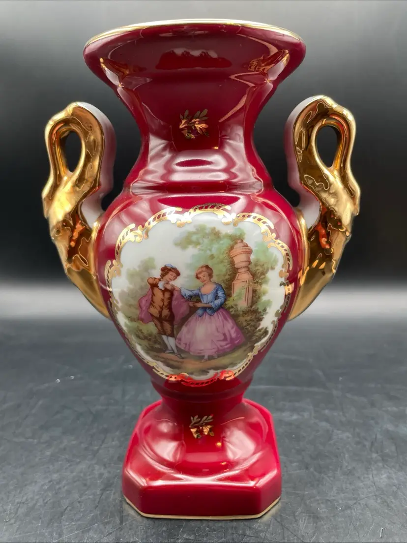 Limoges France Courting Couple Red/Gold Vase