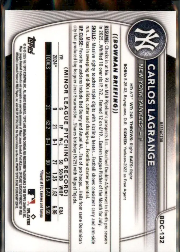 2025 Bowman Draft #BDC-132 Carlos Lagrange Chrome Refractor - (138) - New York Yankees
