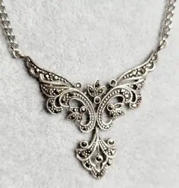 Sterling Silver Ornate Marcasite Necklace 24" Art Deco Style Antique 1930s