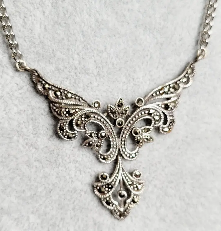 Sterling Silver Ornate Marcasite Necklace 24" Art Deco Style Antique 1930s