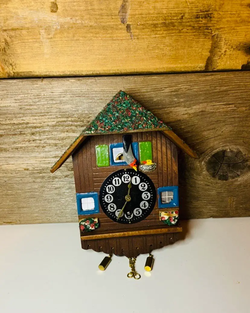 Vintage Miniature Wind Up Wooden Painted Cuckoo Clock Folk Art German CottageCore Whimsical Traditional