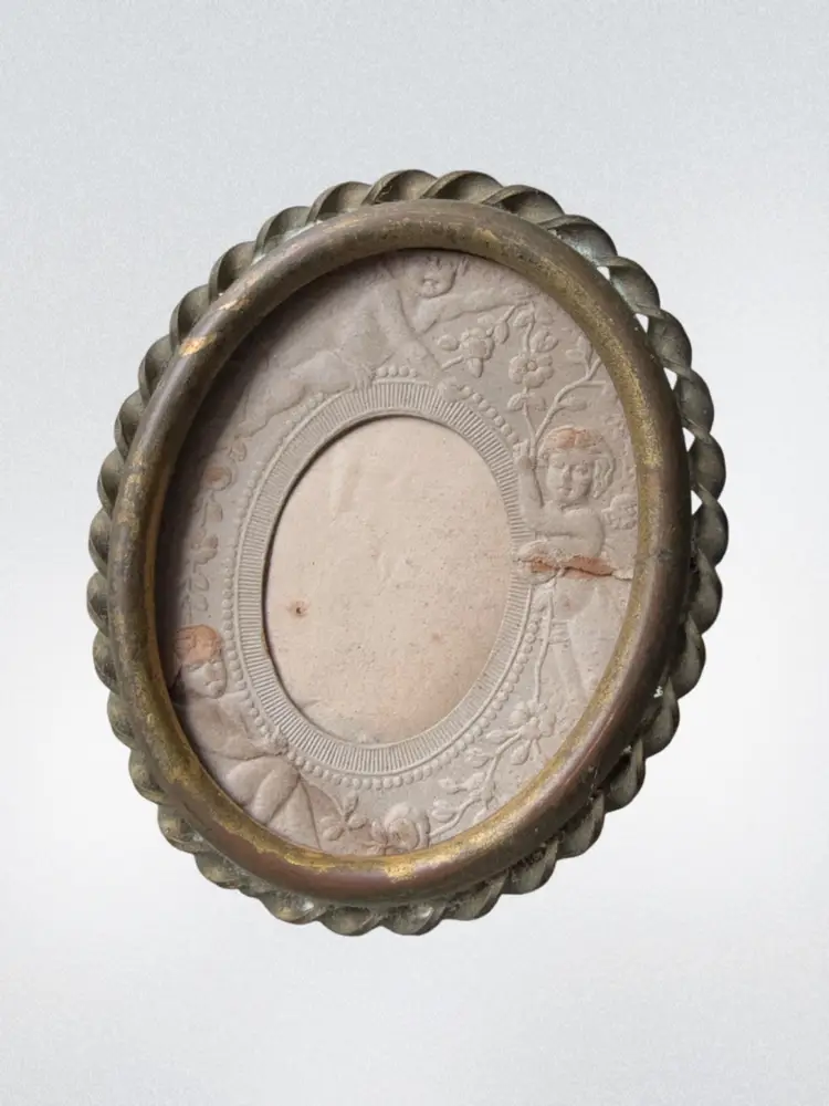 Antique Victorian Era Brass Miniature Portrait Picture Frame w/ Original Cherub Paper Under Mount  2.45”