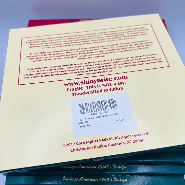 Christopher Radko Retired Vintage 1940’s Inspired Metal Christmas Tree Diamond Icicles- 1 box of 12 icicles